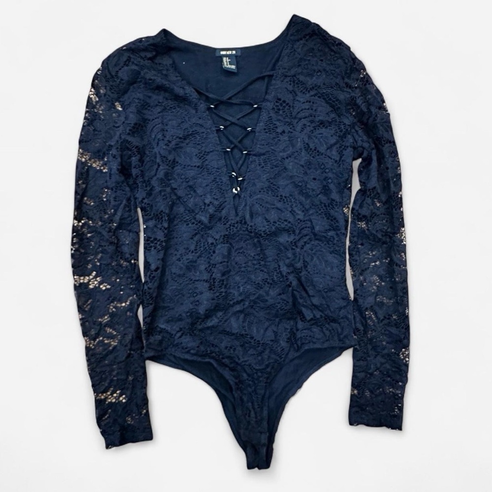Forever 21 Black Sheer Lace Floral Long sleeve Body suit size Small Whimsigoth